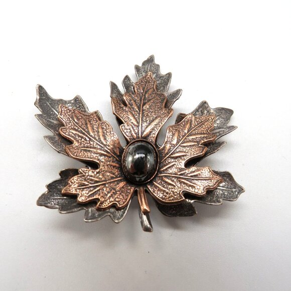 Maple Leaf Brooch 2" Pin Imitation Hematite Center Copper Silver Tone Metals - Picture 2 of 12